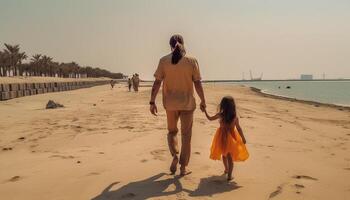 ai generativo padre y hija participación manos a el playa yo amor usted papá familia concepto foto