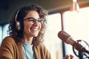 AI Generative Female radio presenter interviewing guest in podcast radio station  Broadcast live radio concept photo