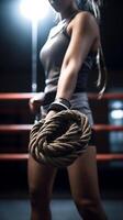 AI Generative Fit and toned sportswoman working out in functional training gym at the beach  Battle ropes session  Fit workout motivation photo