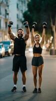 AI Generative Fitness couple stretching outdoor on city street  Athletic man and woman exercising together in morning  Sport and healthy lifestyle concept photo