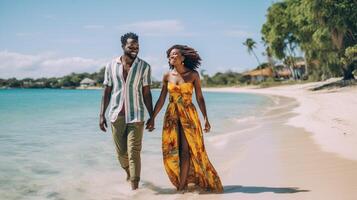 AI Generative Follow me  African woman holding boyfriend by hand at the beach on sunset  Couple of tourists having fun walking by the seaside  Travel and holidays concept photo