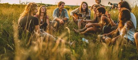 AI Generative Friends group having fun together lying on the grass  Young people having picnic camping outdoor  Friendship concept with guys and girls hanging outside photo