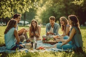 AI Generative Friends group having fun together lying on the grass  Young people having picnic camping outdoor  Friendship concept with guys and girls hanging outside photo