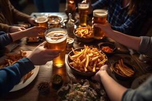 AI Generative Friends cheering beer glasses on wooden table covered with delicious food  Top view of people having dinner party at bar restaurant  Food and beverage lifestyle concept photo