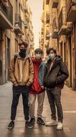 AI Generative Friends covered by facemasks taking a selfie outside in the city  New normal lifestyle concept with young people having fun together at vacation wearing face mask photo