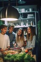 AI Generative Friends taking a selfie in the kitchen wearing green beans stalks under their noses while standing in front of table full vegetables and pasta photo