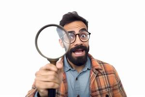 AI Generative Funny image of a handsome man playing with a magnifying glass on a grey background  caucasian people  people concept photo