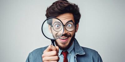 ai generativo gracioso hombre de un casual hombre mirando aunque magnificando vaso en un gris antecedentes foto