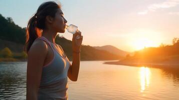 AI Generative Girl is drinking her water during her walk in the nature  people nature and lifestyle concept photo