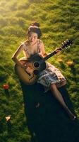 AI Generative Girl is in harmony with herself playing the guitar in a park photo