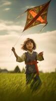 AI Generative Girl is playing with her kite  lifestyle concept photo