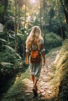 ai generativo niña camina en el naturaleza durante su excursión personas naturaleza y estilo de vida concepto foto