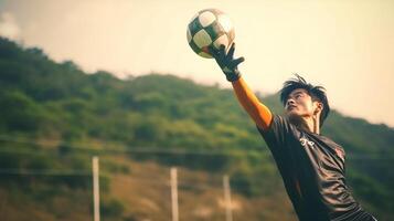 AI Generative Goalkeeper catches the ball at the stadium   lifestyle scene photo