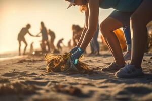 ai generativo grupo de eco voluntarios cosecha arriba el plastico basura en el playa activista personas coleccionar basura proteger el planeta Oceano contaminación ambiental conservación y ecología concentrado foto