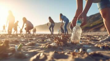 AI Generative Group of eco volunteers picking up plastic trash on the beach  Activist people collecting garbage protecting the planet  Ocean pollution environmental conservation and ecology conc photo