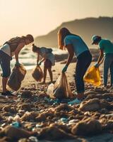 AI Generative Group of eco volunteers picking up plastic trash on the beach  Activist people collecting garbage protecting the planet  Ocean pollution environmental conservation and ecology conc photo