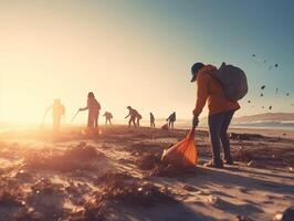 AI Generative Group of eco volunteers picking up plastic trash on the beach  Activist people collecting garbage protecting the planet  Ocean pollution environmental conservation and ecology conc photo