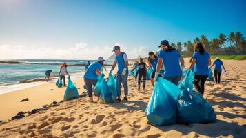 ai generativo grupo de eco voluntarios cosecha arriba el plastico basura en el playa activista personas coleccionar basura proteger el planeta Oceano contaminación ambiental conservación y ecología concentrado foto