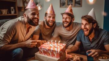 ai generativo grupo de amigos haciendo un sorpresa cumpleaños presente foto