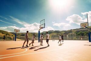 ai generativo grupo de amigos jugando baloncesto grupo de juguetón multirracial personas jugando juntos durante el Hora de verano concepto acerca de personas estilo de vida y deporte foto