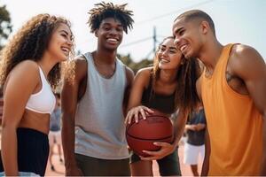 ai generativo grupo de amigos jugando baloncesto grupo de juguetón multirracial personas jugando juntos durante el Hora de verano concepto acerca de personas estilo de vida y deporte foto