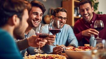 AI Generative Group of happy friends clinking rose wine glasses  Smiling young people enjoying dinner party at home  Life style concept with guys and girls eating meal and drinking alcohol  Focu photo