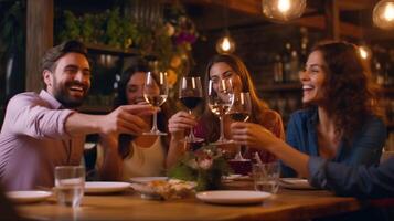 AI Generative Group of happy friends clinking rose wine glasses  Smiling young people enjoying dinner party at home  Life style concept with guys and girls eating meal and drinking alcohol  Focu photo