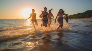 AI Generative Group of happy friends running and jumping in the sea at sunset Young people enjoy holiday vacation at the beach photo