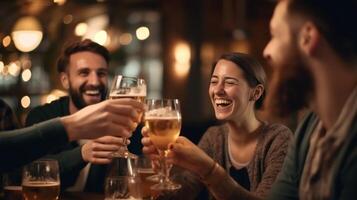 AI Generative Group of happy friends drinking and toasting beer glasses at brewery pub restaurant  Young people enjoying happy hour sitting at bar table  Food beverage and life style concept photo