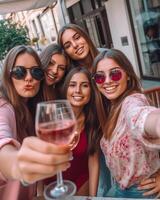 ai generativo grupo de contento amigos tomando un selfie a cóctel bar joven personas con cara máscara teniendo divertido a restaurante bar nuevo normal estilo de vida concepto foto