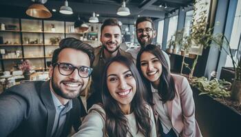 ai generativo grupo de contento amigos tomando selfie a hogar negocio colegas durante descanso desde trabajo tomando selfie imagen en oficina relajación zona a puesta en marcha oficina foto