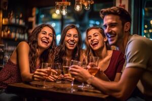 AI Generative Group of happy friends toasting with cocktail all togheter at the bar  They are looking at the camera holding glasses at the restaurant ejoying the weekend photo