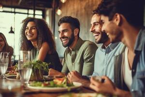 AI Generative Group of happy multiracial friends talking and laughing having a conversation at lunch  Concept about happy young people having fun togheter photo