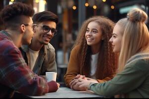 ai generativo grupo de contento multirracial amigos hablando y riendo teniendo un conversacion a almuerzo concepto acerca de contento joven personas teniendo divertido juntos foto