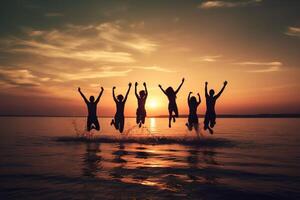 AI Generative Group of happy people jumping in the sea at sunset photo