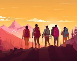ai generativo grupo de caminantes caminando en el bosque a puesta de sol amigos haciendo un excursión día en un montaña cerca arriba en piernas foto