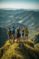 AI Generative Group of hikers climbing mountains  Happy friends with hands up on the top of the mountain  Multiethnic people having trekking day out together photo