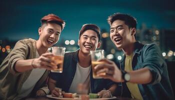 AI Generative Group of multicultural friends drinking and toasting beer at brewery bar restaurant  Happy people having fun at rooftop home party  Vivid color filter photo