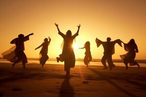 AI Generative Group of multiracial friends dancing limbo at beach photo