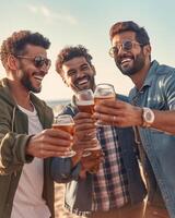 ai generativo grupo de multirracial amigos teniendo divertido jugando guitarra Bebiendo cerveza en vacaciones joven contento personas riendo juntos foto