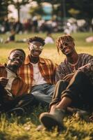 AI Generative Group of multiracial friends having fun lying on the grass  Young people laughing outdoor at the park  Friendship and lifestyle concept photo