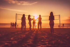 AI Generative Group of multiracial friends playing football at the beach photo