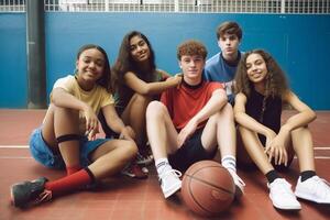 AI Generative Group of multiracial friends taking a selfie in a basketball court Concept about people sport and technology photo