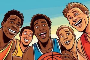 AI Generative Group of multiracial friends taking a selfie in a basketball court Concept about people sport and technology photo