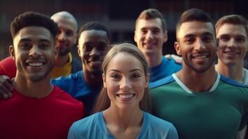 AI Generative Group of multiracial friends taking a selfie in a basketball court Concept about people sport and technology photo