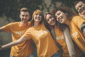 ai generativo grupo de multirracial personas vistiendo amarillo t camisa riendo a cámara contento mejor amigos tomando selfie imagen con inteligente móvil teléfono acostado en el césped voluntarios equipo en pie foto