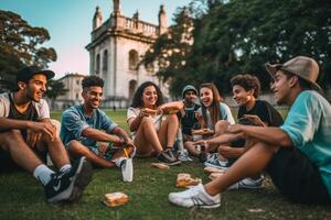 AI Generative Group of multiracial students sitting in college campus  Young people having fun talking and laughing together at the park  Friendship concept with guys and girls enjoying day out photo