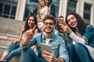 ai generativo grupo de multirracial joven personas utilizando inteligente móvil teléfono dispositivo al aire libre contento Universidad estudiantes acecho celulares sentado en Universidad instalaciones adolescentes fanático a social yo foto