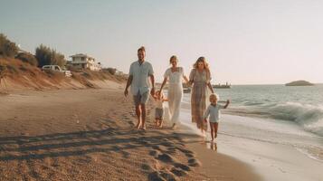 AI Generative Group of people holding hands running on the beach together  Happy family having fun on summer vacation  Happy lifestyle concept photo