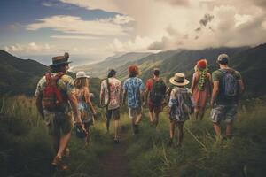 ai generativo grupo de personas en aventuras excursionismo en el arrecife concepto acerca de deporte excursionismo naturaleza y personas foto